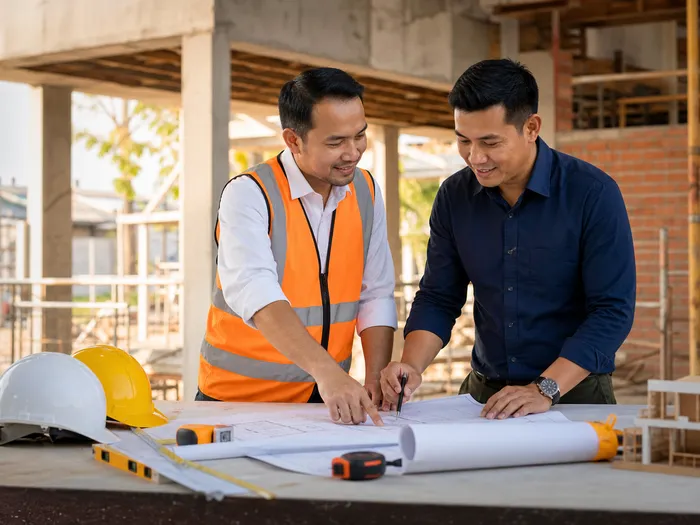 Tim Prestige Karya Indonesia sedang berdiskusi di area proyek