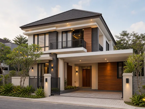 Rumah modern dua lantai dengan fasad terang dan bukaan besar