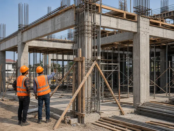 Pekerjaan struktur beton bertulang pada area proyek konstruksi